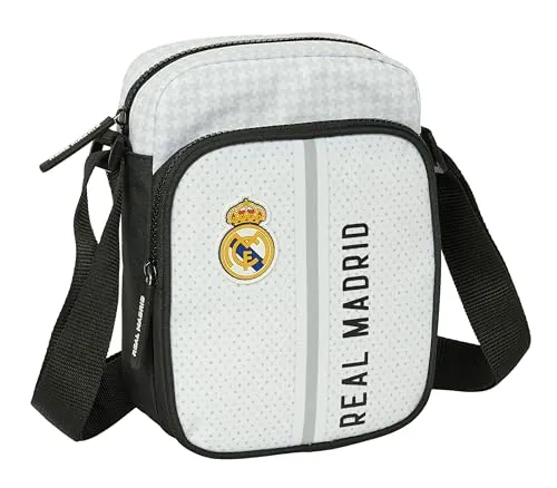 Safta REAL MADRID 1ª EQUIPACIÓN 24/25 - Bandolera con Bolsillo Exterior, Maletín Portatodo, Bandolera, Cómoda y Versátil, Calidad y Resistencia, 16x6x22 cm, Color Blanco/gris