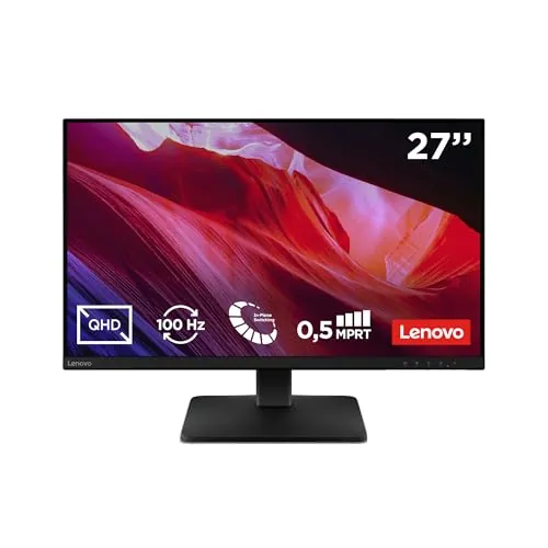 Lenovo L27qe - Monitor QHD 27" (IPS, Tasa de Refresco 100 Hz, Tiempo de Respuesta 4ms, 16:9, HDMI 2.1 - DP 1.4, VESA Adaptive Sync, Montaje VESA 100 mm, Soporte Inclinable) Negro