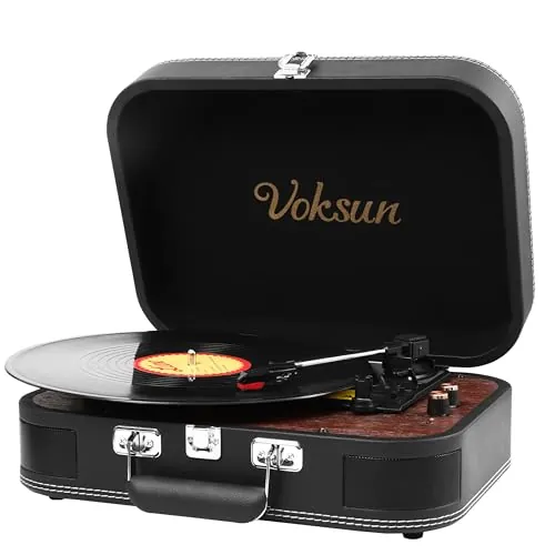 Tocadiscos de Vinilo, VOKSUN Tocadiscos Portátil Vintage con Altavoces Incorporados, Reproductor LP Vinilo con In/out Bluetooth con 3 Velocidades, Maleta USB, Entrada AUX, Línea RCA, Auto-Stop