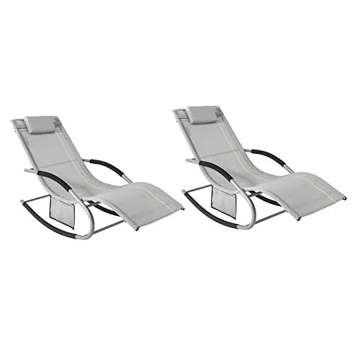 SoBuy Set de 2 Tumbonas de Jardín Reclinables – Sillas Ergonómicas de Exterior con Almohada y Bolsillos Laterales, Tejido Transpirable, 150 kg, para Playa, Terraza, Camping y Piscina OGS28-HGx2