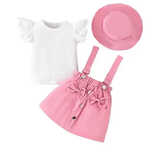 LUVCES Conjunto Bebé Niña Verano Manga Corta con Volant Acanalados Top+ Falda con Tirantes con Lazo Vestido + Sombrero 3Pcs Elegante Ropa de Verano 3Pcs Rosa 2-3 Años