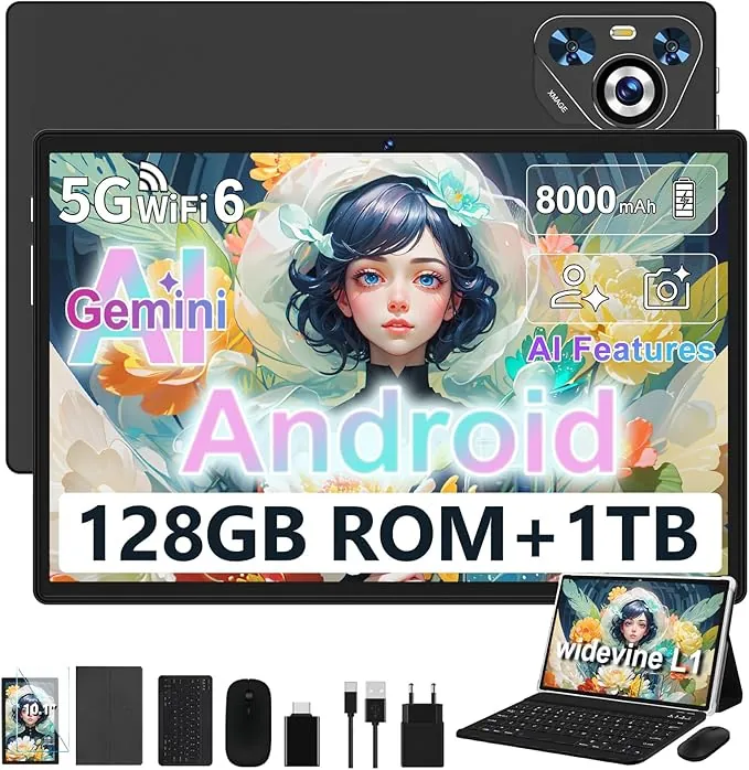 Tablet 10 Pulgadas Android, 128GB ROM/TF 1TB, Octa-Core Procesador, 8000mAh, BT5.0, 8MP+5MP, WiFi 5G+2.4G, Face ID, Widevine L1, Tablets PC con Teclado y Mouse - Negro