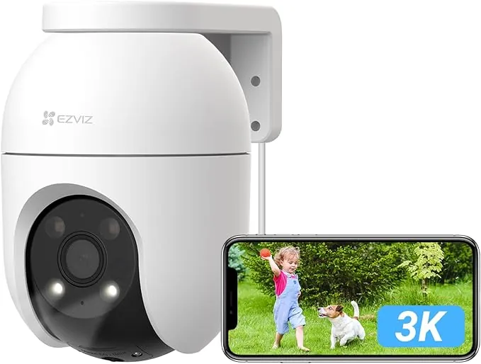 EZVIZ Cámara Vigilancia WiFi Exterior 360°,3K Cámara IP de Seguridad,Visión Nocturna a Color,Detección IA de Personas/Vehículos,Seguimiento Zoom Auto,Audio Bidireccional,Sirena, Alexa/Google,C8c 5MP