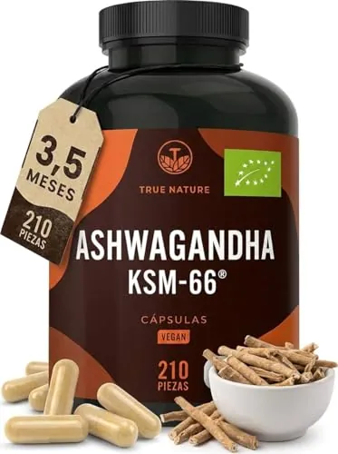 Ashwagandha KSM-66® Ecológica – 210 Cápsulas (3,5 Meses) – 600mg Extracto Alta Potencia – Withania somnifera (Ginseng indio auténtico) – Vegano – TRUE NATURE