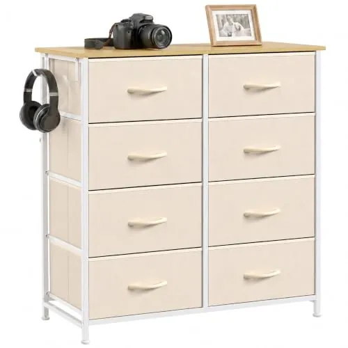 HOMCOM Cajonera de Tela Alta con 8 Cajones 4 Bolsillos 2 Ganchos Beige | Estructura de Acero, Cómoda para Dormitorio Sala de Estar Pasillo