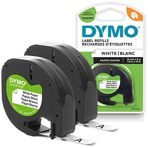 DYMO LetraTag Etiquetas de papel | Auténticas | Rollo de 12 mm x 4 m | Impresión en negro sobre etiquetas blancas | Etiquetas autoadhesivas multiuso para etiquetadoras LetraTag | 2 unidades
