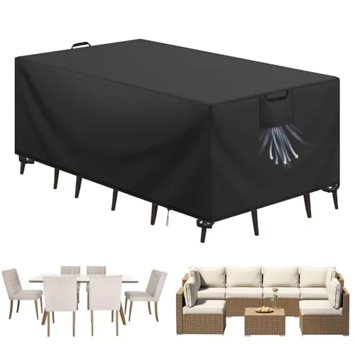 Aujink Funda Mesa Exterior Impermeable, Funda para Muebles de Jardín, Cubierta para Muebles de Jardin Tela Oxford 420D Anti Viento Anti UV Funda Protectora Mesa Exterior, Negro,213x132x74cm