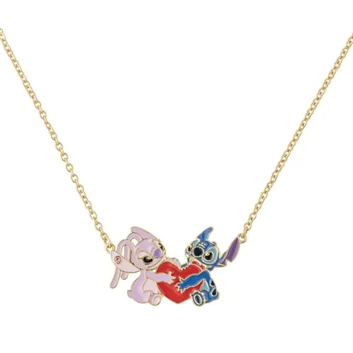 Disney Collar con colgante de corazón chapado en oro de Stitch & Angel para niñas