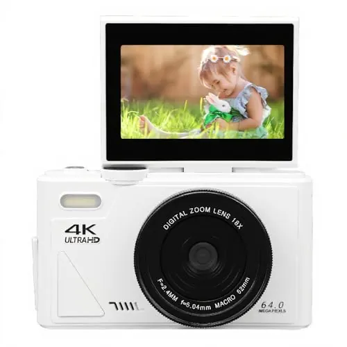 Cámara Digital de Bolsillo para Fotografía, UHD 4K 64MP Cámara de Apuntar y Disparar con Pantalla Abatible de 3 Pulgadas, Cámara de Vídeo Pequeña con Enfoque Automático y Zoom