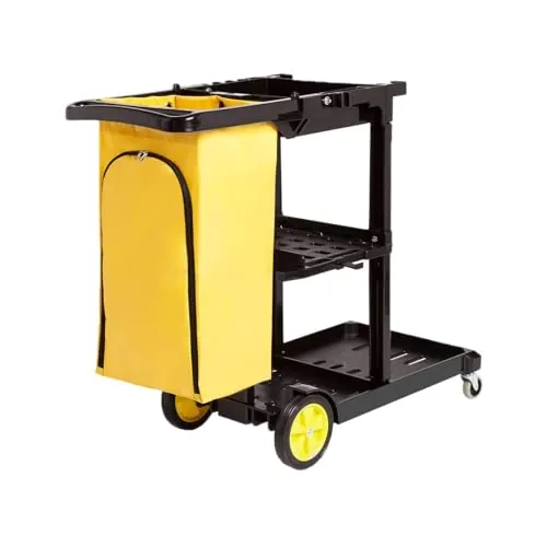 Amazon Basics Carro de limpieza con bolsa con cremallera y 2 estantes, Negro/Amarillo