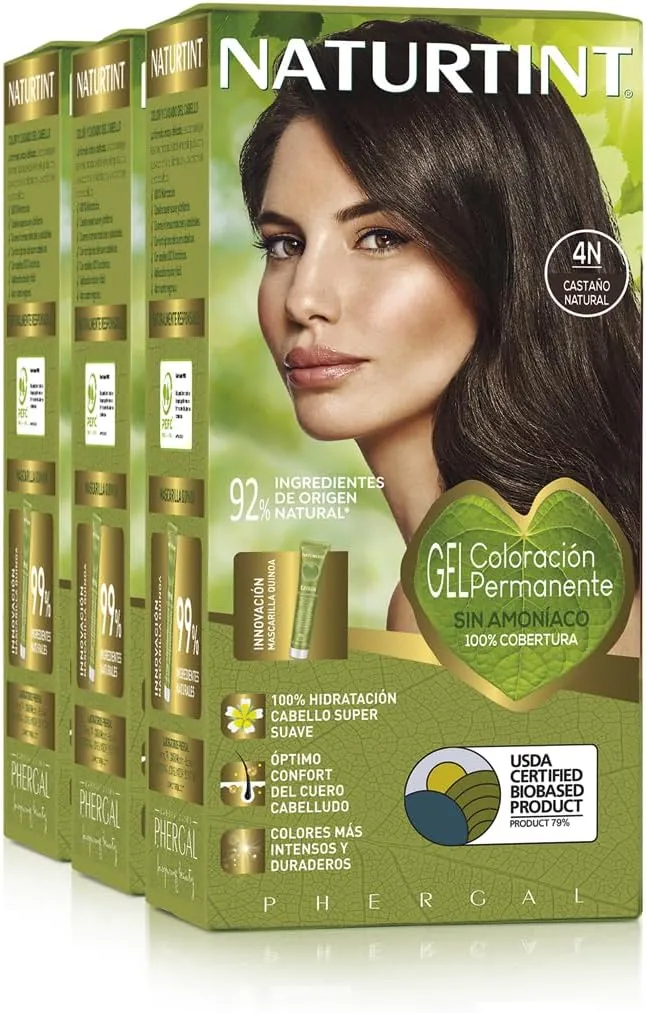 Naturtint Biobased | Coloración sin amoniaco | 100% cobertura de canas | Ingredientes vegetales | Color natural y duradero | 4N Castaño Natural | Pack de 3