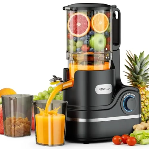 AIRMSEN Extractor de Zumos y Verduras 147MM Apertura Extractor, Capacidad de 2,1 L, Extractor de Jugo Prensado en Frío, 300 W, Licuadora Silenciosa y Eficiente, Fácil de Limpia