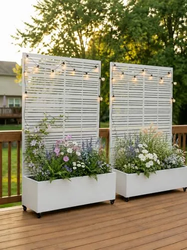TinFrey Huerto Urbano Elevado con Celosía, Jardineras Grandes para Exterior con Ruedas y Enrejado, Macetero de Metal para Privacidad, Ideal para Flores, Verduras y Plantas Trepadoras en Balcón