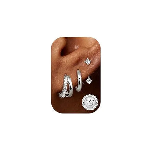Finrezio 3 Pares Pendientes Mujer Plata Ley 925 para Mujer Pendientes Aro Huggie Pendientes Cartílago Oro 14 Quilates Pendientes Aro Plata Pequeños Hipoalergénicos Piercings Oreja Oro/Plata