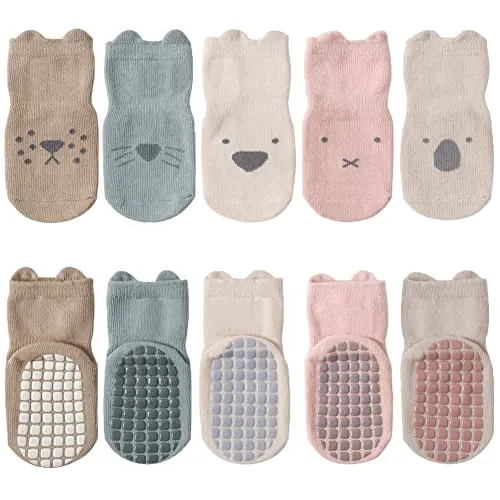 FedMois Calcetines Antideslizantes de Algodón para Bebé Niño Niña Pack de 5, Multicolor, 1-3 años