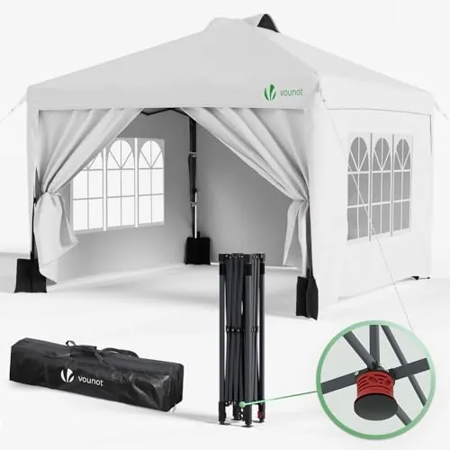 VOUNOT® Carpa Plegable Gazebo 3x3m Botón Central, Cenador Pabellón de Jardín con Paredes Laterales, Sacos Arena y Bolsa de Transporte, Pérgola Tienda Protección UV para Camping Fiestas Exterior Blanco
