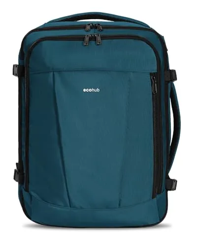ECOHUB Mochila de Viaje Cabina Avion 40x30x20 Ryanair Con 13 Compartimentos Para Mujer y Hombre, Maleta Debajo del Asiento, Equipaje de Mano 24L, Recicladas, Patentado, Azul Verde