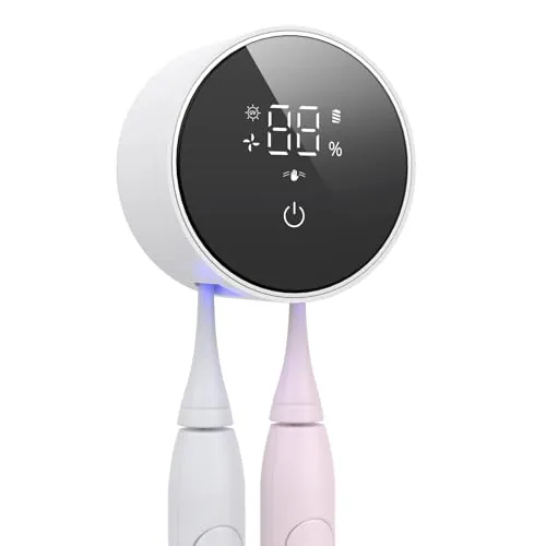 LifeBasis Esterilizador Cepillo Dientes UV Secado a 60°C Soporte Cepillo de Dientes Eléctrico Desinfección Eficiente Pantalla LED Montaje sin Taladrar, Batería Duradera 33 Días para Familia y Viaje