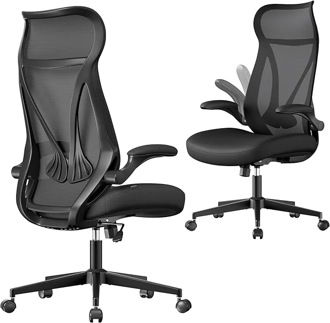 SONGMICS Silla de Oficina, Silla Giratoria de Escritorio, Respaldo Ergonómico, Altura Ajustable, Reposabrazos Abatibles, con Reposacabezas, Carga de 150 kg, Negro Tinta OBN088B01