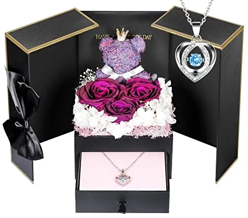 Cadeau Anniversaire Femme, Rose Violette Eternelle avec Collier en Argent Sterling et Ours Rose, Cadeaux Romantiques pour Saint Valentin,Anniversaire:Parfait pour Sa,Copine,Petite Amie et Maman