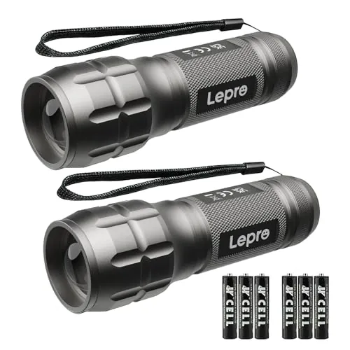 Lepro Linterna LED LE1000 con Zoom 6 AAA Incluidas, Gris Plateado, 2PC | Portátil Linterna Potente, IPX4 Impermeable, Táctica de Aluminio para Ciclismo, Camping, Senderismo, Emergencia etc