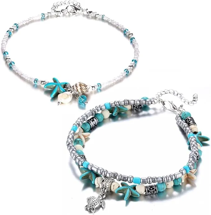 Bohemia Pulseras Tobilleras Mujer - Doble Piso Pulsera Tobillera Mujer - Tobillera Mujer - Tobillera con Cuentas De Tortuga Marina Estrella De Mar - Accesorios De Playa para Damas y Niñas