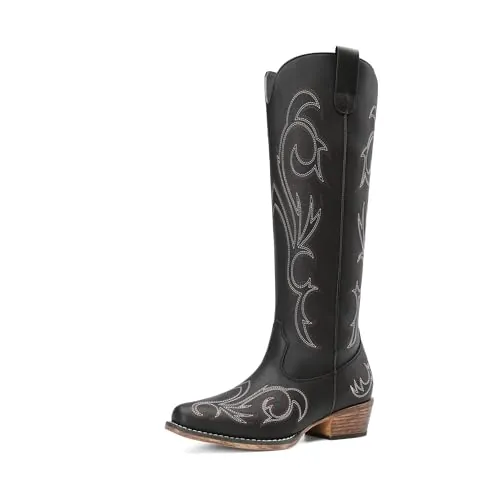 DREAM PAIRS Botas Vaqueras Rodilla Mujer,Negro,37