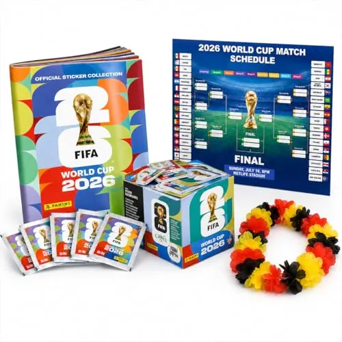 TK Gruppe Timo Klingler XXL Set Panini Copa Mundial 2026 Álbum Original, Calendario de Partidos + Collar de Flores Alemania, Bundle XXL de Colección (100 Sobres / 700 Stickers)