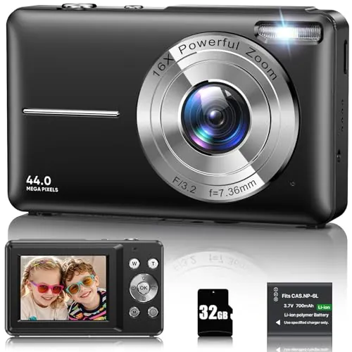 Cámara Digital 1080P Cámara de Fotos 44MP Camara Fotos Digital Cámara Digital Compacta con Zoom Digital 16X, Pantalla LCD de 2,4", Tarjeta de Memoria de 32G, 1 Batería para niños, Adolescentes
