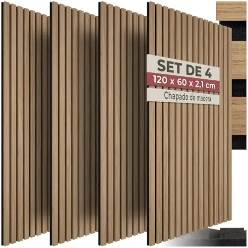 tectake® Paneles Acusticos Decorativos MDF, Chapa de Madera Real, Excelente Acústica, Tejido de Fieltro y Madera, Insonorización Acústica Pared - 60 x 120 x 2,1 cm 4 Paneles Roble