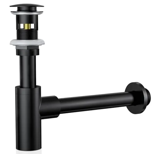 Sifón Lavabo Universal con desagüe pop-up, 1 1/4 Sifón de Diseño con Válvula Desplegable, Sifón de Lavabo Negro Mate, Altura Ajustable, Con Orificio De Limpieza