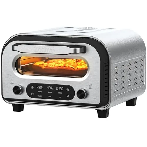 ZACHVO Horno Eléctrico para Pizza - hasta 450 °C, 5 programas preestablecidos, temporizador de 1 a 60 min, pantalla táctil y mando giratorio, carcasa de acero inoxidable, pala para pizza