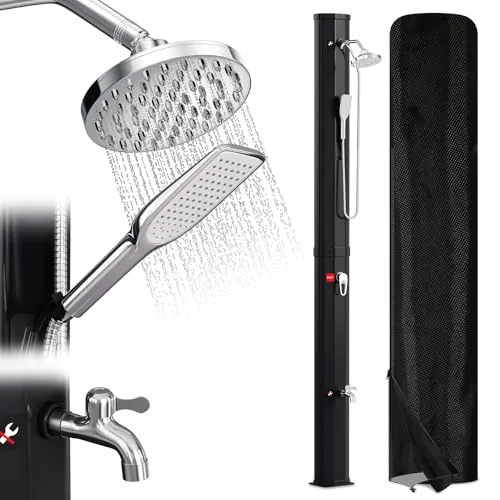 Vigevee Ducha Solar de jardín de 40 l, Agua Caliente hasta 60 °C, sin conexión eléctrica, Ducha de Piscina, Camping con Ducha de pies y Cabezal de Ducha de Lluvia Giratorio, Incluye Material de