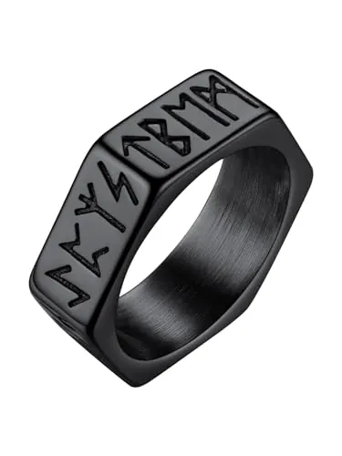 Richsteel Sello Runas Nordicos Anillo Vikingo de Biker Rapero Rockero, Anillo Titanio con Letras Runas, Negro