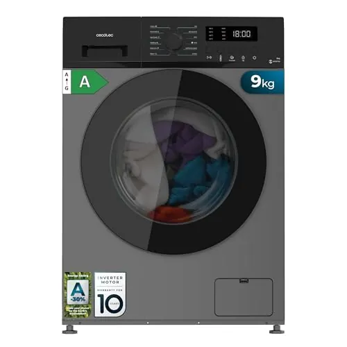 Cecotec Lavadora 9K Carga Frontal Bolero DressCode 9155 Inverter Steel. Clase A-30%, 1400RPM, 12 Programas, Motor Inverter Plus, Bajo Consumo, Steam Max, Drum Clean, Delay Start, Panel Control LED