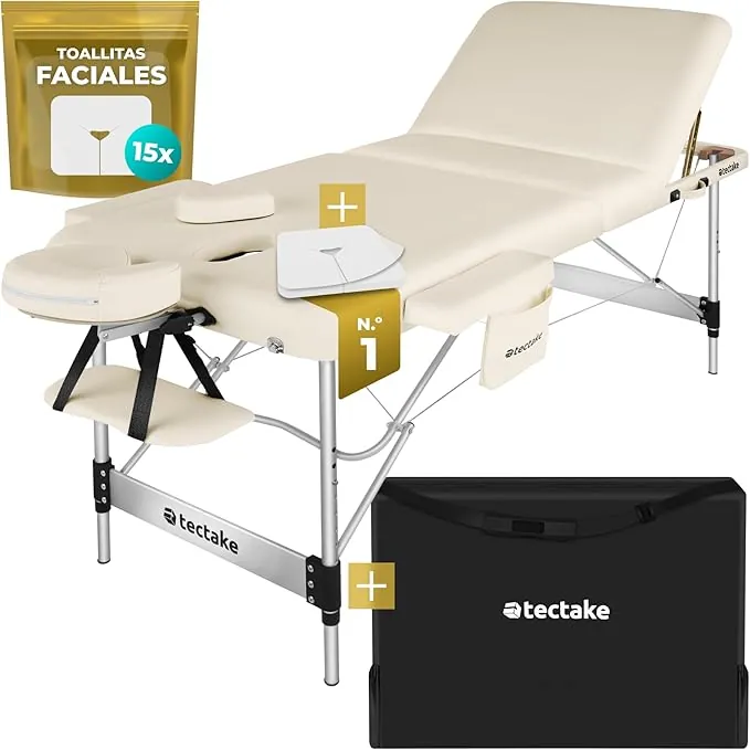 tectake® Camilla Masaje Plegable y Ajustable en Altura, Camilla Fisioterapia, Estructura Ligera de Aluminio, Camilla Estetica Profesional, Acolchado Resistente al Agua y Aceite - Ancho 78 cm Beige