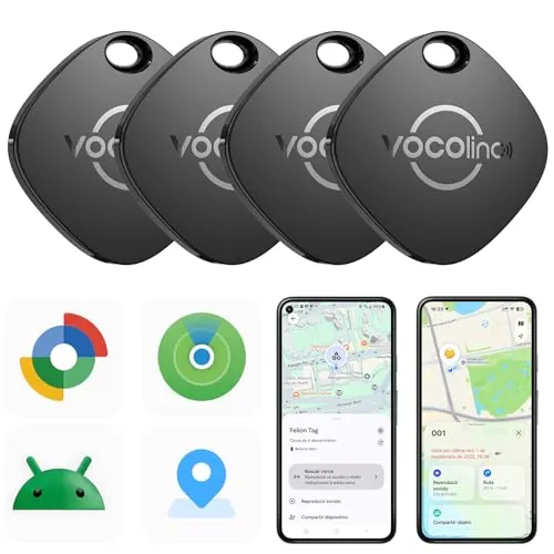 VOCOlinc Android Tag Smarttag 4 Pack, Localizador Compatible con Google Localizador o iOS Apple Buscar App, Rastreador Bluetooth Item Tracker para Llaves/Cartera/Bicicleta/Maleta, Batería Reemplazable