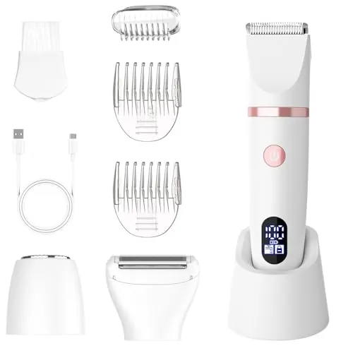 Scttomon afeitadora eléctrica para mujer cortapelos corporal para mujer recortadora para zona bikini Afeitado de piernas impermeable pantalla LCD seco/mojado 3 in 1 Blanco