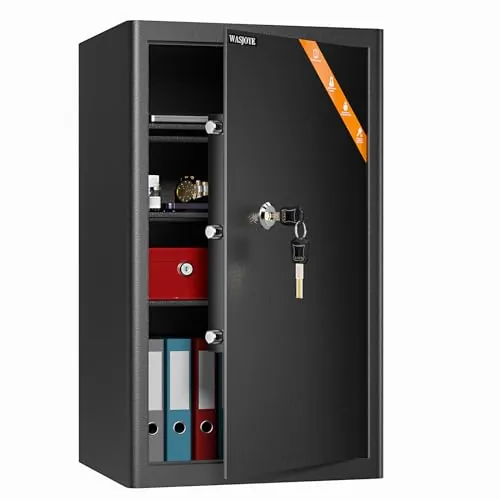 WASJOYE Caja Fuerte con Llaves, Caja de Seguridad, 67L Caja Cerradura de Llaves Para hogar/Oficina, Cajas Fuerte Convencionale para Guardar Dinero, Joya, Medicamento, Teléfono, Documento, 62.5*37*31cm