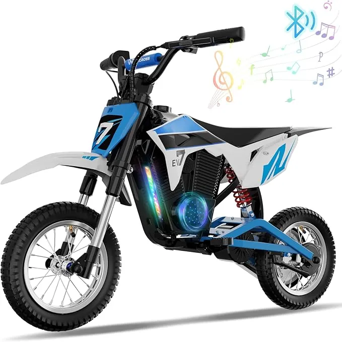 EVERCROSS EV12M Pro Moto Cross Eléctrica, Motocicleta Eléctrica con Motor de 300W, 18KM de Largo Alcance, Neumático de 12'', Música Bluetooth, Luces de Colores, Mini Moto para Altura de 110cm o más