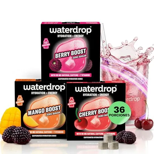 waterdrop® Microdrink Energy Drink, 90mg Cafeína y Vitaminas, Mix Sabores de Frutas, 36 Pastillas Saborizantes Para Agua, Bebidas Sin Azúcar, Sabores Agua: Bayas, Mango, Cereza, Refresco Instantaneo