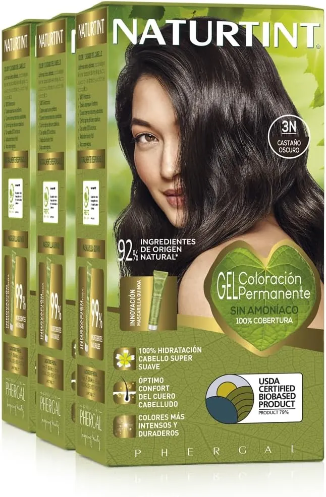 Naturtint Biobased | Coloración sin amoniaco | 100% cobertura de canas | Ingredientes vegetales | Color natural y duradero | 3N Castaño Oscuro | Pack de 3