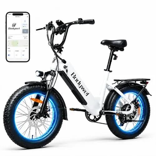 Bodywel F20 Bicicletas Eléctricas Adultos, 20x3” e-Bike Todo Terreno, Batería 48V 15Ah, Motor 250W, 7 Velocidades, Suspensión Ajustable, Frenos de Disco Doble（Blanco）