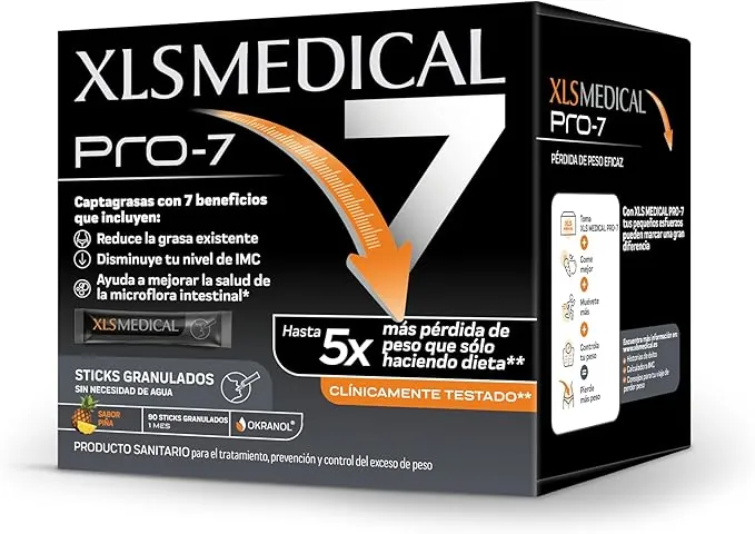 XLS Medical Pro7 Pack 1 meses de tratamiento (90 sticks), origen natural, sabor piña. Pierde hasta 5 veces más peso que sólo haciendo dieta