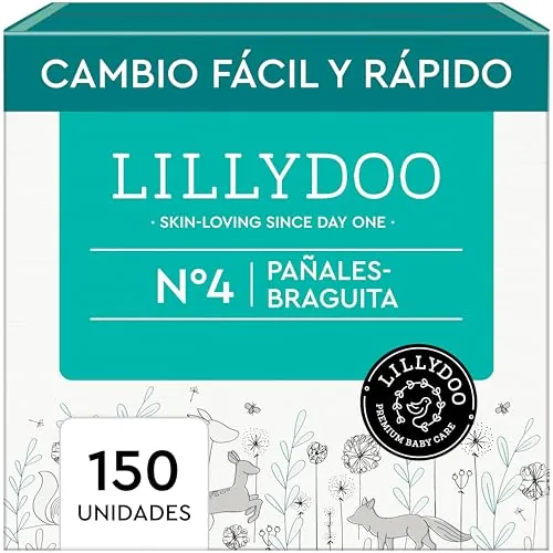 Pañales-braguita LILLYDOO - talla 4 (9+ kg), caja mensual (150 unidades), protección contra fugas, delicados con la piel, suaves, sin perfumes ni lociones, dermatológicamente testados