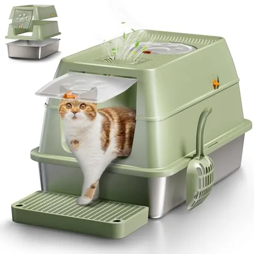 Arenero Acero Inoxidable Gatos, XXL Arenero Cerrado para Gatos, 60 x 40 x 39 cm, Caja de Arena con Pala - Verde