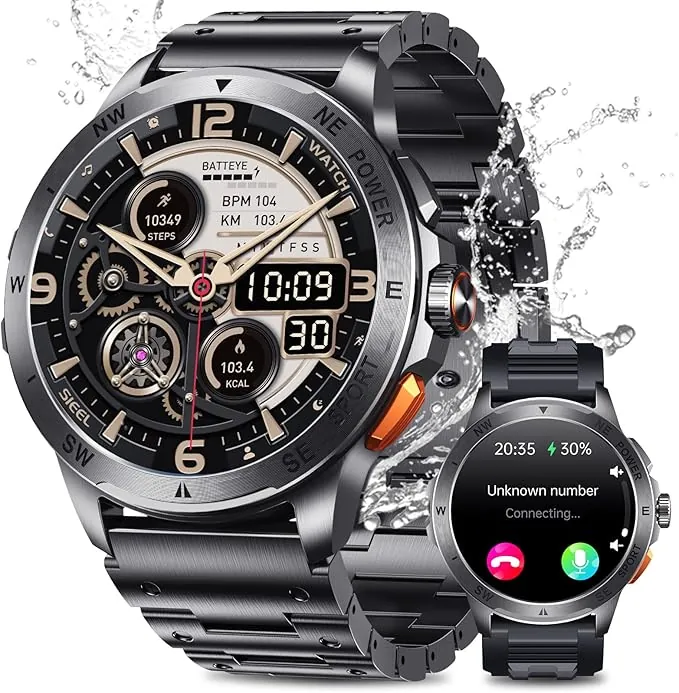 Reloj Inteligente Hombre Militar con ET/HRV/SIRI, 1.43" AMOLED Smartwatch Hombre con Llamadas Bluetooth Pulsómetro SPO2/100+ Modos Deportivos/IP68 Impermeable/Monitor de Sueño/para Android iOS (Acero)