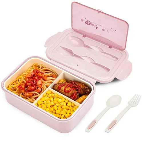 BIBURY Fiambrera, caja bento a prueba de fugas para niños adultos, recipiente para alimentos con 3 compartimentos y juego de cubiertos, lonchera comidas aptos para microondas y lavavajillas (Rosado)