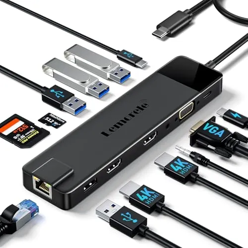 Lemorele Docking Station USB-C 13 en 1, 2 HDMI + VGA, Gigabit Ethernet