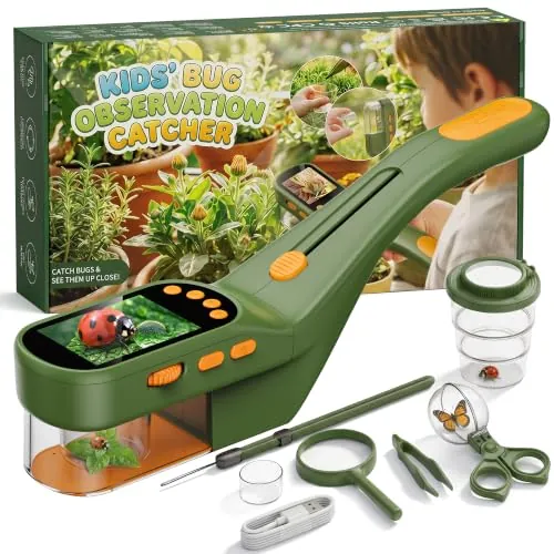 CIMELR Atrapa Insectos con Microscopio, Pantalla 2,4", Kit Explorador Niños, 500X Zoom con Batería 1000mAh, 8 LED, Foto y Vídeo 1080P, Proyección PC, Juguete y Regalo para Niños 3-12 Años